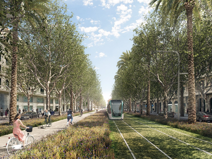El tranvía de Barcelona en el futuro tramo por la Diagonal, en una imagen virtual.