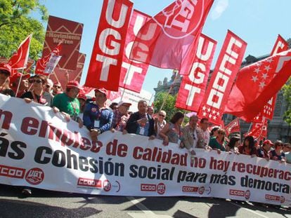 Cabecera de la manifestaci&oacute;n del 1 de mayo celebrada el pasado ejercicio en Madrid. 