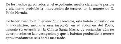 Extracto del informe del Ministerio del Interior de Chile.