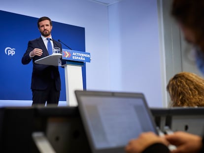 El presidente del PP, Pablo Casado, durante su comparecencia de este martes para hacer balance del año 2020.