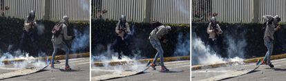 Combo de fotografías que muestra el momento en que un policía se enfrenta a un manifestante en Caracas.
