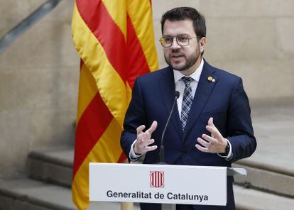 El presidente de la Generalitat, Pere Aragonès, durante el acto de conmemoración del Día de la República celebrado en el Palau de la Generalitat, este jueves.