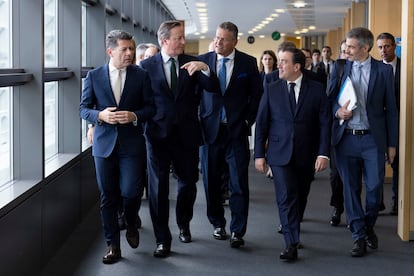 From the left, the Chief Minister of Gibraltar, Fabian Picardo;  the British Foreign Secretary, David Cameron;  the vice president of the European Commission Maros Sefcovic, and the Spanish Foreign Minister, José Manuel Albares, this Friday in Brussels.