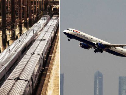 A la izquierda, la estación de Atocha (Madrid). A la derecha, un avión despega del Aeropuerto de Barajas (Madrid). 