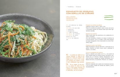 Interior of 'Seasonal Cuisine', by Alain Ducasse, Paule Neyrat and Christophe Saintagne (Akal Editions).  In the image, recipe for vegetable spaghetti (celeriac, carrots and zucchini) with hemp seeds, photographed by Pierre Monetta.