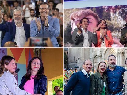 Desde la izquierda hacia abajo: actos de cierre de campaña del PSC-PSOE en Barcelona, del PP y de Unidas Podemos en Madrid, y de Vox en Toledo