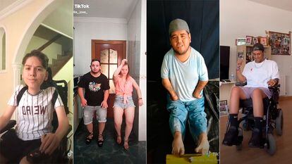Cuatro creadores con algún tipo de discapacidad en vídeos recientes. De izquierda a derecha, @juan.pish, @celia_.jose_, @yo_soy_chuy_free_fire y @alanelruedas