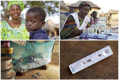 En el sentido de las agujas del reloj: un niño en una aldea africana, una doctora pasando consulta, una mosquitera en un dormitorio y un lector para diagnosticar la malaria