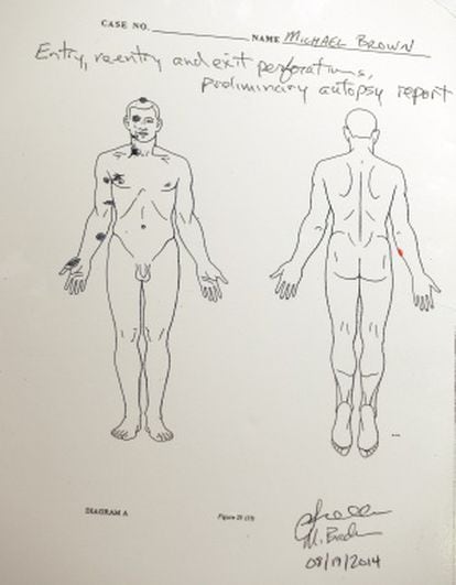 Un diagrama, con resultados preliminares de la segunda autopsia, que muestra los impactos de bala en el cuerpo de Brown