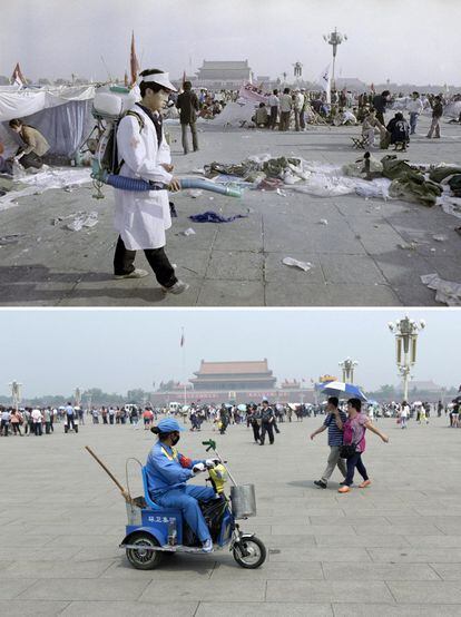 Arriba, un trabajador limpia la plaza de Tiananmen durante las protestas estudiantiles, 26 de mayo de 1989. Abajo, una trabajadora mantiene limpia la misma plaza, 22 de mayo de 2014.