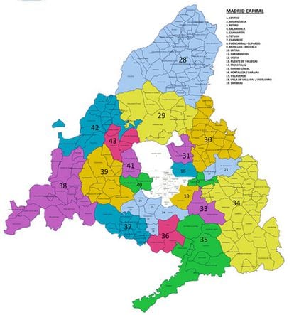 Mapa de las 43 circunscripciones.