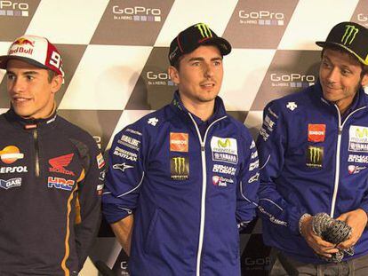 Márquez, Lorenzo y Rossi, en la rueda de prensa del jueves.