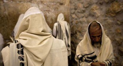 Jud&iacute;os ultraortodoxos rezan en el Muro de las Lamentaciones. 