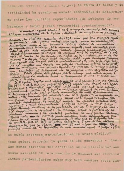 Manuscrit de Josep Pla, mecanografiat per Adi Enberg, per al seu llibre 'Història de la Segona República Espanyola’.