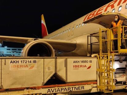 Gestión de carga sanitaria durante la presente pandemia en uno de los aviones de Iberia.