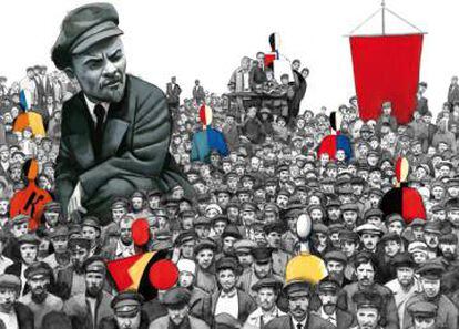 Lenin, un gigante de la revolución, según John Reed y así lo traduce el ilustrador.