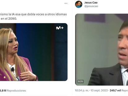 Capturas de pantalla de dos ejemplos de vídeos colgados en X donde Belén Esteban y El Fary son doblados automáticamente al inglés.