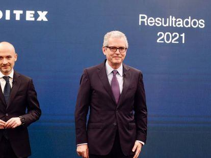 Óscar García Maceiras, consejero delegado, y Pablo Isla, presidente de Inditex, este miércoles en la presentación de resultados anuales de Inditex.