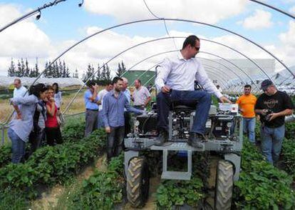 Demostración de un robot con 40 brazos y visión artificial para recoger fresas en el centro tecnológico Adesva, en Lepe (Huelva).