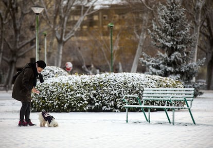 Una mujer con su perro en un parque nevado, en Burgos. La provincia está en alerta debido a que la cota de nieve ha bajado a los 400 metros y se esperan nevadas generalizadas.