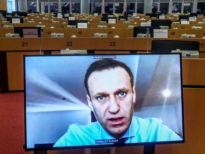 Participación por videoconferencia de Alexéi Navalni en una sesión de la comisión de Asuntos Exteriores del Parlamento Europeo el mes pasado.