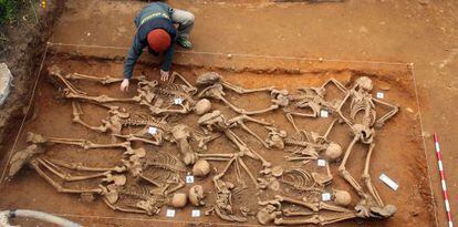 Nueve esqueletos hallados en una fosa en Espinosa de los Monteros.