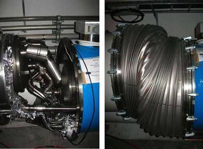 Dos de las conexiones entre imanes del acelerador LHC que resultaron más dañadas en la grave avería del 19 de septiembre.