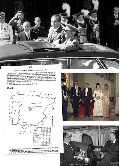 Arriba, Francisco Franco y Richard Nixon en Madrid, durante la visita del presidente de EE UU a España en 1970. Debajo, a la derecha, Nixon y su esposa en la Casa Blanca, junto a los entonces príncipes de España Juan Carlos y Sofía durante la visita de estos a Washington a primeros de 1971. Debajo, el secretario de Estado Henry Kissinger y el presidente del Gobierno de España Luis Carrero Blanco en Madrid en diciembre de 1973. Y a la izquierda, esquema de las bases militares estadounidenses en España recogido en las actas del Congreso de EE UU en 1970.