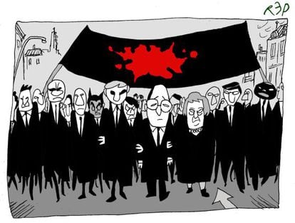 Ilustración en la que diferentes líderes mundiales acompañan al presidente de Francia, François Hollande.
