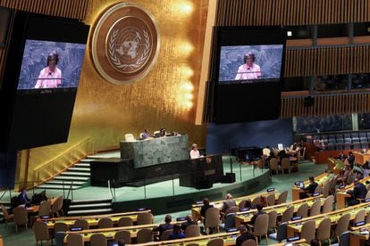 US Ambassador Linda Thomas-Greenfield addresses the UN General Assembly on Wednesday.