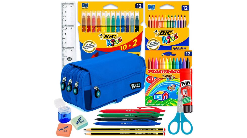 Pack de material escolar con estuche de tres compartimentos y en tres colores disponibles