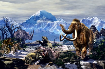 Recreación de un encuentro entre neandertales y mamuts.