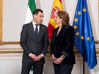 Teresa Ribera y Juan Manuel Moreno Bonilla, este jueves en el Palacio de san Telmo.