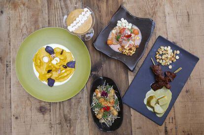 Desde la izquierda, ají de gallina, suspiro limeño, quina, ceviche y anticucho.