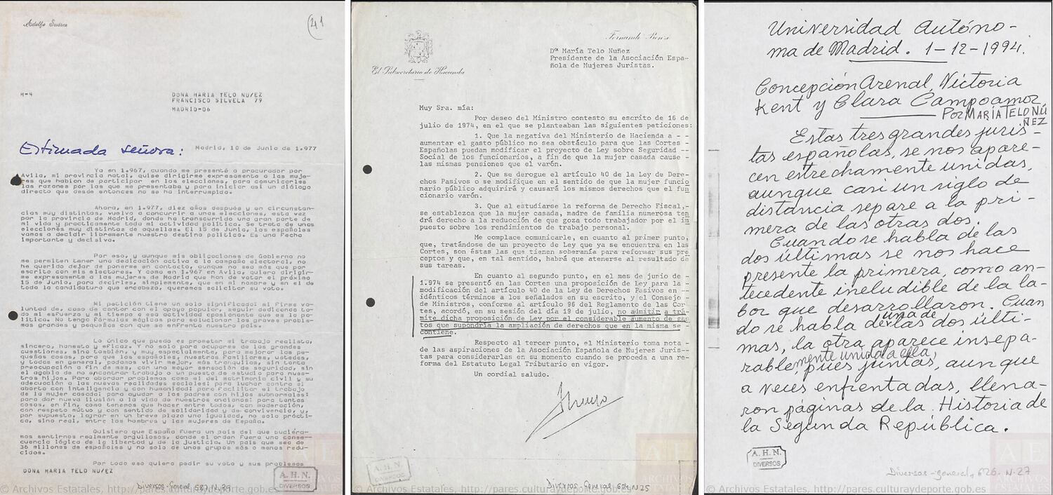 Documentos del archivo de María Telo. Una carta de Aldolfo Suárez ìdiéndole el voto, otra del subsecretario de Hacienda que da respuesta a sus preguntas y manuscrito de una conferencia sobre Victoria Kent, Clara Campoamor y Concepción Arenal.