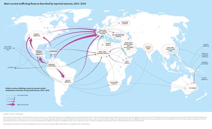 Map of world cocaine trafficking routes, according to the UN.