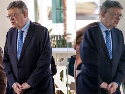 El presidente de la Generalitat, Ximo Puig, a su llegada al desayuno informativo de Fórum Europa Tribuna Mediterránea en el hotel Las Arenas, este lunes.