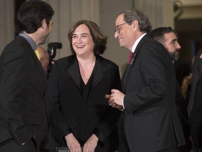 Ada Colau con Quim Torra y Jordi Puigneró en la apertura del Mobile World Congress.