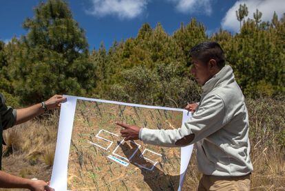 Misael muestra una foto de una zona deforestada, que su comunidad ha recuperado.