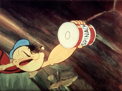 Popeye con su famosa lata de espinacas en un cortometraje de animación del año 1945.