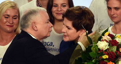 Jaroslaw Kaczynski felicita a Beata Szydlo tras ganar.