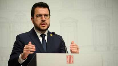 El presidente de la Generalitat, Pere Aragonès, en un momento de su intervención el pasado jueves en el Palau de la Generalitat. / ALBERTO PAREDES (EUROPA PRESS)