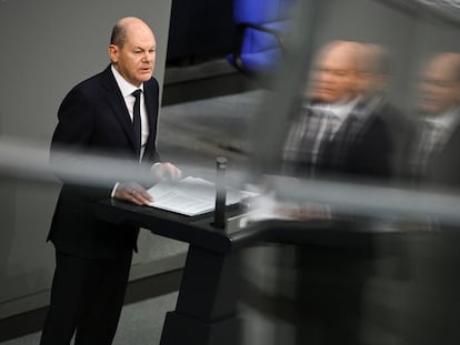 El canciller alemán, Olaf Scholz, durante su discurso de este jueves en el Bundestag.