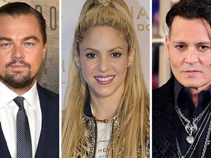 De izquierda a derecha: Leonardo DiCaprio, Shakira y Johnny Depp. 