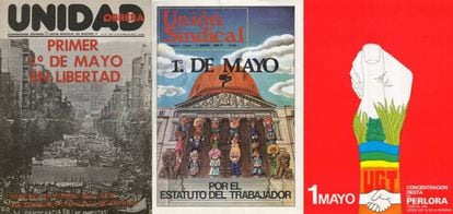 Día del Trabajo: carteles expuestos en la muestra 'El 1º de mayo y la democracia (1975-1985)'.