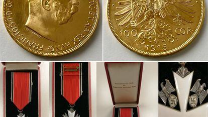 Arriba, cara y cruz de una de las 31 monedas de oro del imperio austrohúngaro halladas en una caja de seguridad en Dénia, al igual que la medalla nazi de la Orden del Águila sin espadas, de la que se muestran varios detalles.