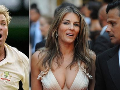 El jugador de criquet Shane Warne, supuesta nueva pareja de la actriz, y Liz Hurley y su ya ex marido, Arun Nayar