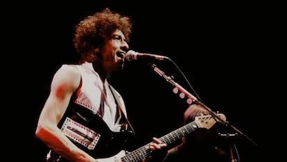 Bob Dylan, en un concierto en el Nippon Budokan de Tokio, en 1986.