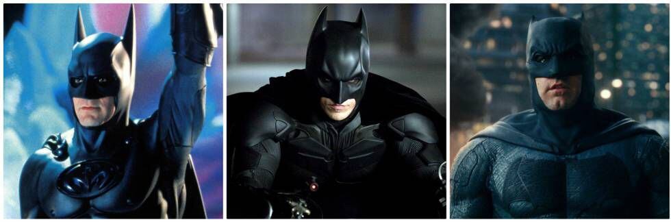De izquierda a derecha, tres actores que interpretaron a Batman: George Clooney (1997), Christian Bale (2012) y Ben Affleck (2017)
