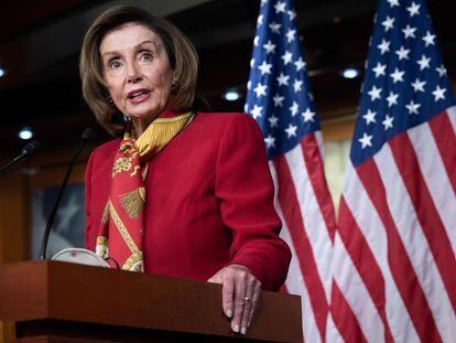 La presidenta de la Cámara de Representantes, la demócrata Nancy Pelosi, en una imagen del 9 de febrero, durante su rueda de prensa semanal en el Capitolio.